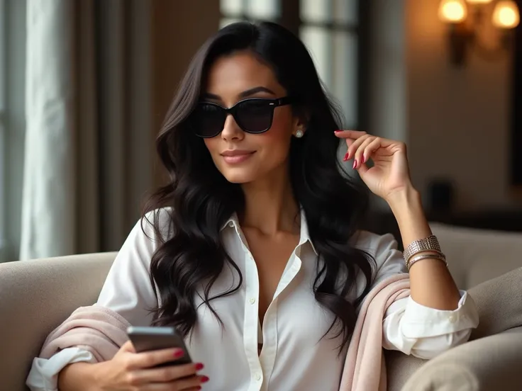 "Create a photorealistic portrait of a stylish woman with long, wavy black hair and a confident expression, wearing oversized black sunglasses. She is dressed elegantly in a white blouse with a light pastel shawl draped over her shoulders. Her accessories ...