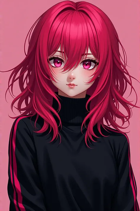  boy with long Vivid Raspberry hair, Dressed in a black sweater with Vivid Raspberry stripes