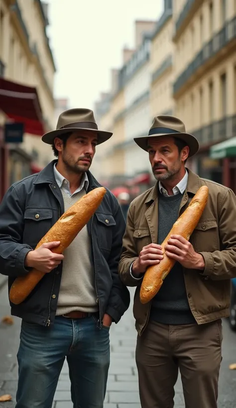 A close-up shot of two Frenchmen looking comically exhausted, their broken baguettes in hand, standing in the middle of a street, laughing despite their defeat, photorealistic, 8k, high resolution, HDR.