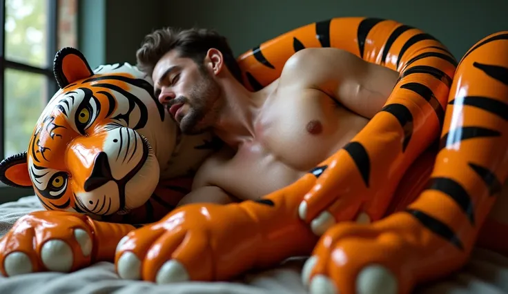 full body image of man laying down getting encased by a shiny living stretchy latex inflatable zootopia tiger blob costume made of latex slime skin stretching around wrapping his body in simba slime extremely sexually pleasuring him, mans hands going insid...