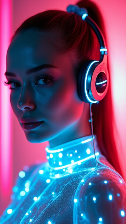 Photo of a woman wearing colorful technology suit, in a blingbling style, shining/smooth, Accurate and realistic, Hard surface modeling, precisionist lines, project/construction and design， Luminous headphones, Luminous hair accessories, long hair, Luminou...