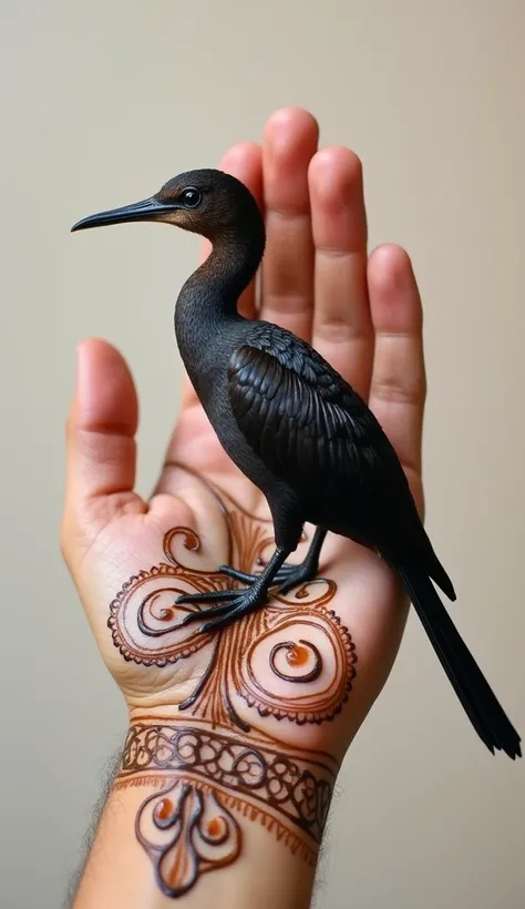 The henna-patterned hand stretches delicately, carrying a Socotra cormorant, a bird native to Bahrain’s islands. The dark feathers of the bird contrast strikingly with the light and flowing henna lines, highlighting the beauty of both. Known for their resi...