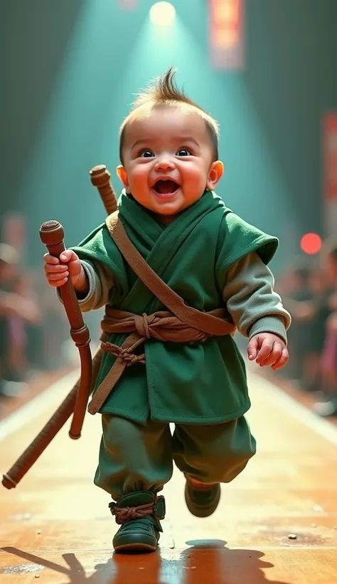 A 1-month-old baby walking playfully, dressed as Yamato. He wears a green jounin vest with a small replica of a wooden Mokuton staff in hand. His tiny smile lights up the runway.