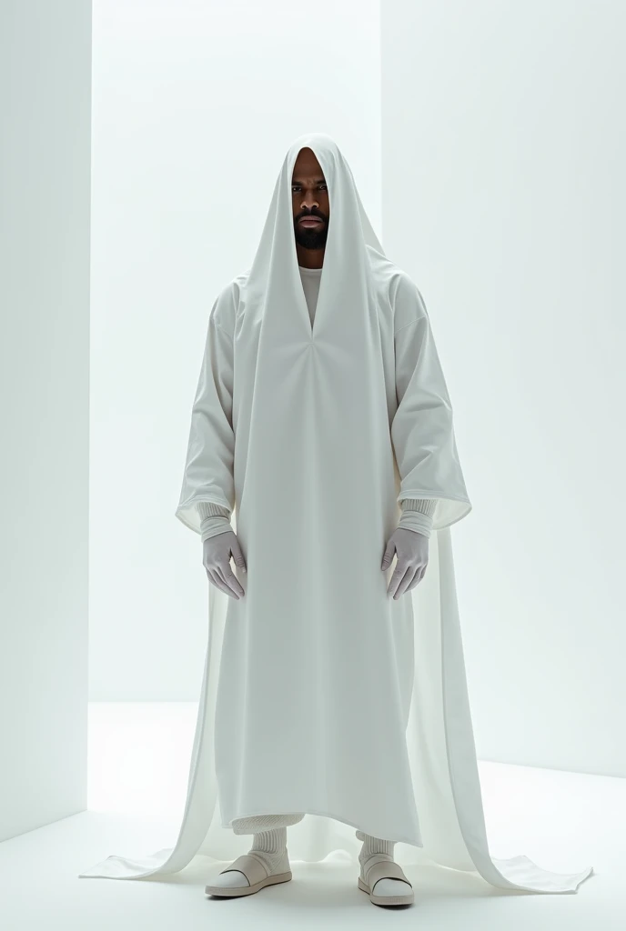 man with brown skin, wearing a completely white Ku Klux Klan outfit, long white tunic, conical cap that covers the entire face (except the eyes), and white gloves, in a white room