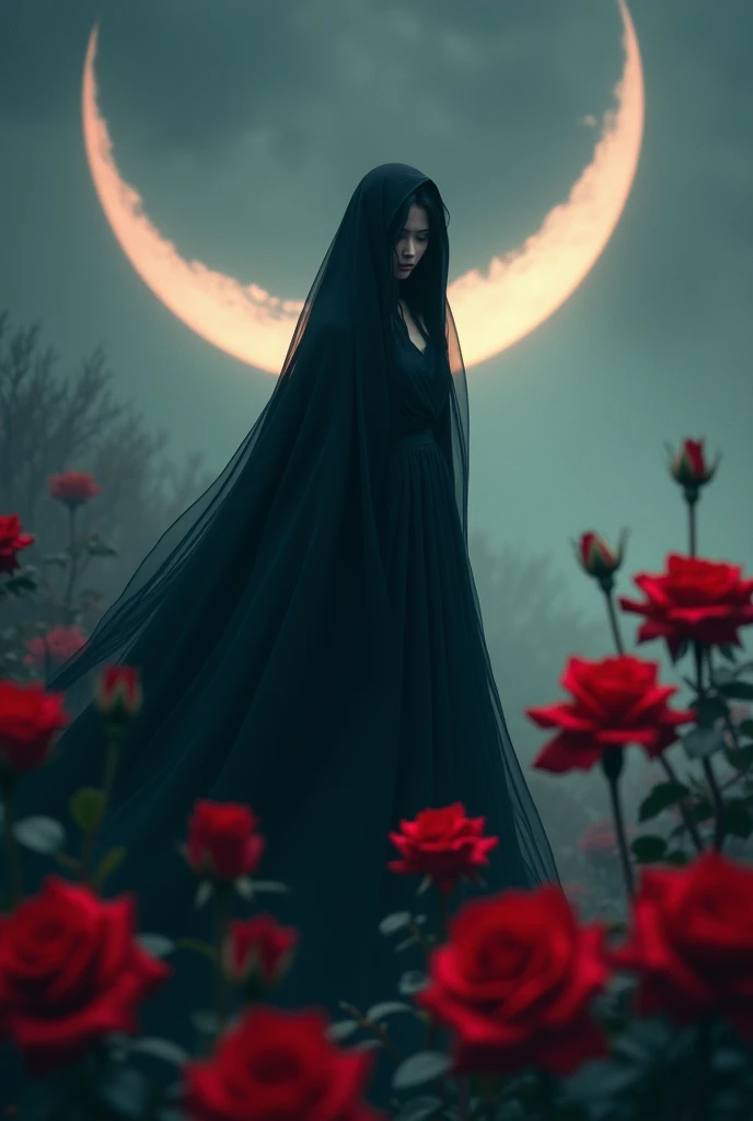 crescent moon aesthetic picture red roses a bit blurry and woman in black flying face veil beaiyiful modest mystical filmy 
overall feel genrate picture