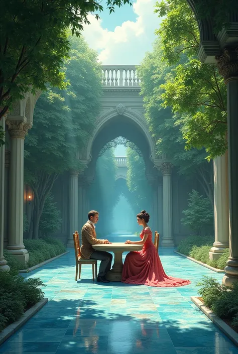 A man and a woman wearing Victorian clothes sit around a large round table in a spacious flat area in a courtyard behind the palace, decorated with a shiny smooth blue marble floor, reflecting a charming shine in the sun. This space is surrounded by lush g...