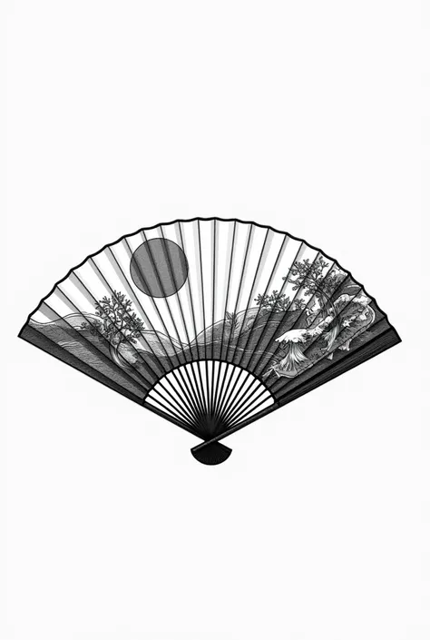 Create a black and white tattoo image of a Japanese fan with the sun and sea drawn on it.