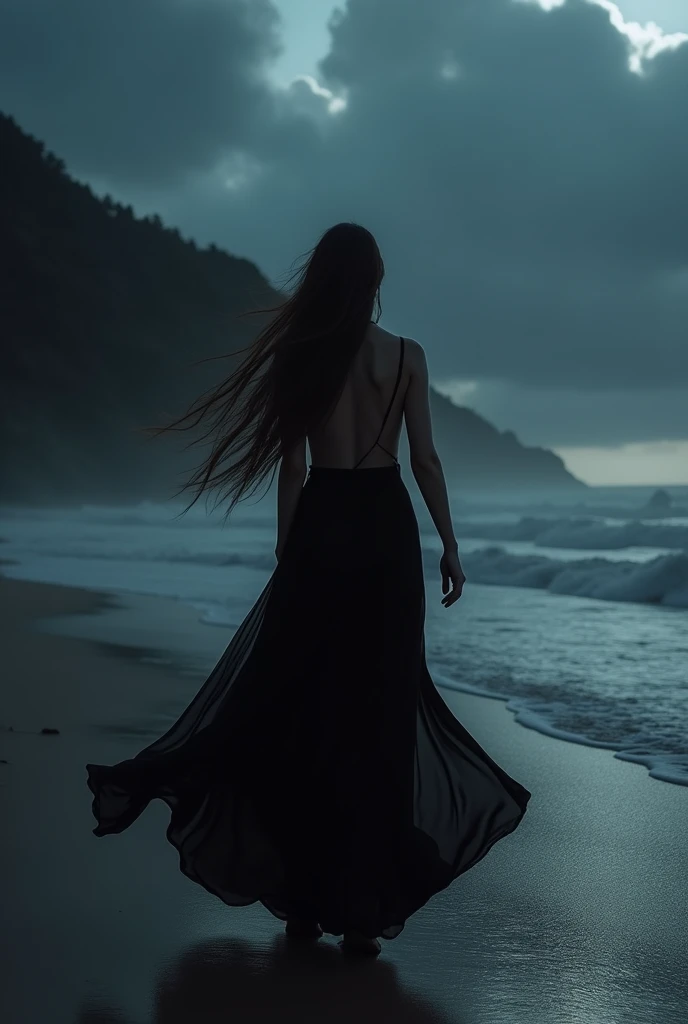 "A sexy 25-year-old woman, naked on a deserted beach at night, wearing a flowing black dress that dances in the wind, in a super realistic style. Her long hair also flows with the wind, creating a sense of movement and grace. As if reflecting a mysterious ...