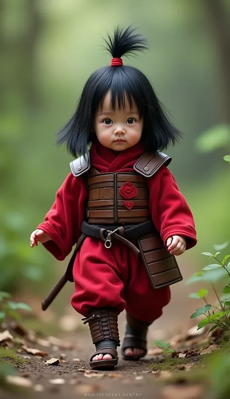 A 1-month-old baby walking gracefully, dressed as Hashirama Senju. He wears red armor with brown shoulder plates and a small wig styled to resemble his long black hair.