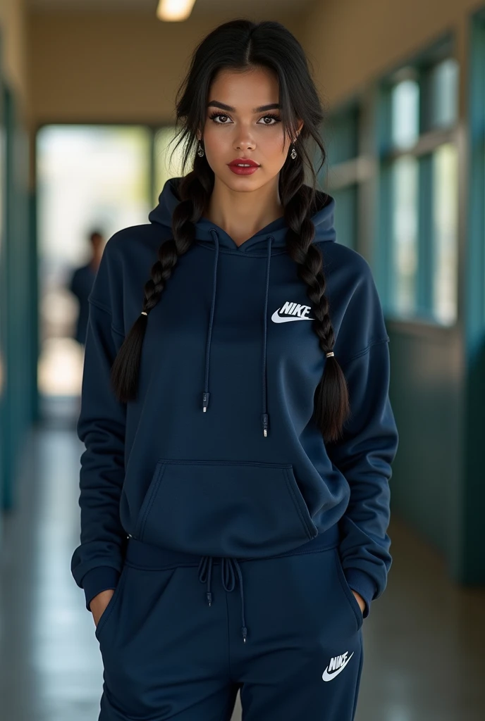 A beautiful violent seductive realistic Punjabi realistic high school girl with a braid she is wearing a navy blue Nike hoodie with a small white woven logo with Nike writing on the right and matching Nike navy blue pants with a small white woven logo with...