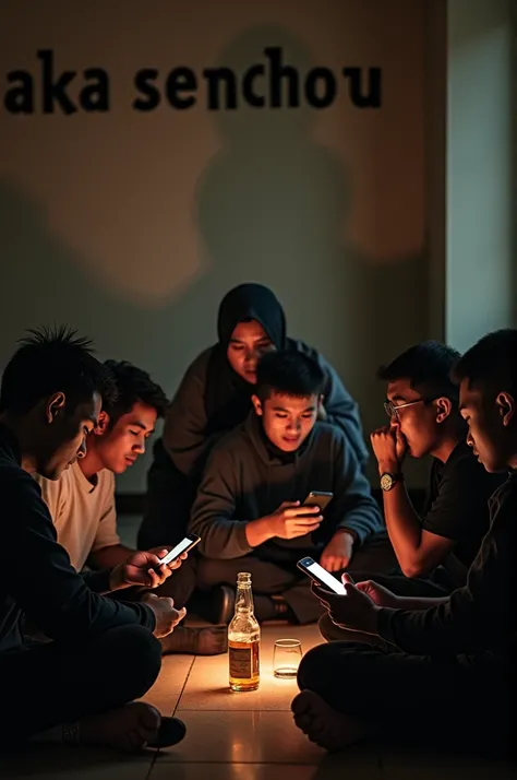 real photo, a group of men with Indonesian faces are sitting on the floor in a circle playing games on cellphones and others are drinking beer. In the background of the wall that says "BAKA SENCHOU" there is a bottle and glass on the floor, there is a sexy...