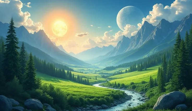  the sun and the moon are in the sky its a beautiful scene, with green fields ,  streams and trees and some mountain ranges 