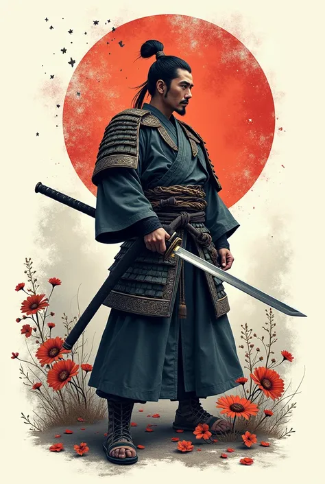 A vintage retro t-shirt design with a white background. There is a samurai with a Far East theme. The samurai is standing and has
his sword drawn. The background 