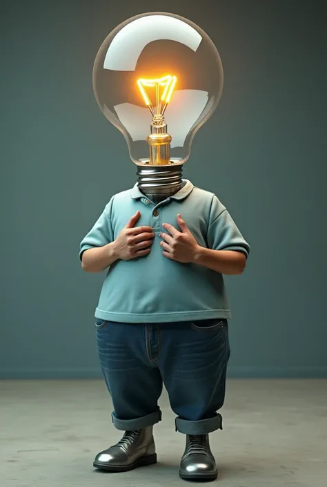 (photorealism:1.2), Base Object: A light bulb.
Body: Humanoid but slightly round and lanky, with his torso resembling the base of a light bulb.
Head: A large, circular glass bulb as his head, with glowing, frightened eyes visible inside. The filament occas...