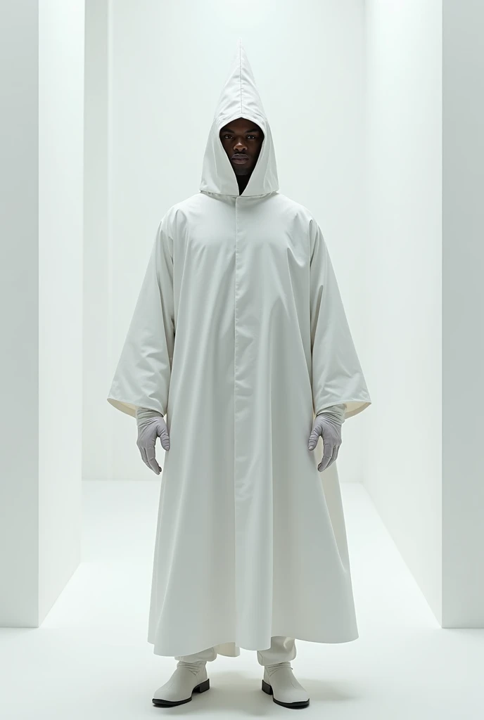 man with brown skin, wearing a completely white Ku Klux Klan outfit, long white tunic, conical cap that covers everything (except the eyes), and white gloves, in a white room