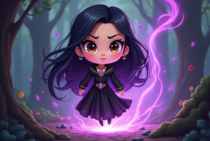  Create a Chibi-style illustration/ full body cartoon , Of a tall young woman ,  with long black hair,  brown eyes .  She wears black medieval clothing ,  with a necklace with a purple jewel around her neck .  The young woman is floating above the ground ,...