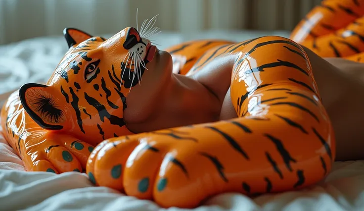 full body image of man laying down embracing getting encased by a shiny living stretchy latex inflatable anime tiger blob costume made of latex slime skin stretching around wrapping his body in tiger slime extremely sexually pleasuring him, mans hands goin...