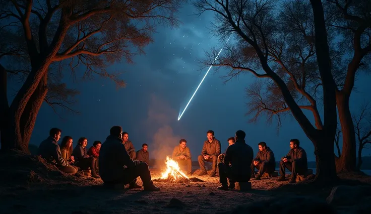 A meteor shower lights up the night sky over a temporary Rebel camp hidden deep within a forest. Survivors huddle around makeshift fires, exchanging solemn stories of loss and hope amidst the crackling embers. The twisted branches frame the visual elements...