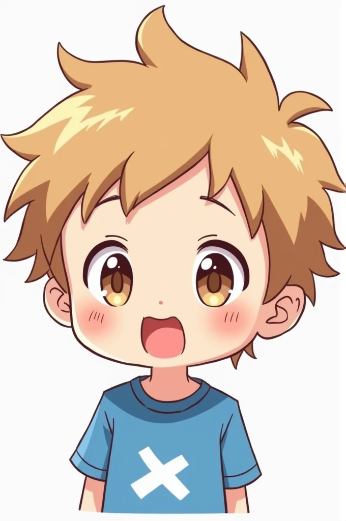  Masterpiece,  anime style, Chibi,  illustrated logo ,  medium-short shot, emote for twitch, From a boy, with light brown hair, blue t-shirt with white details, 