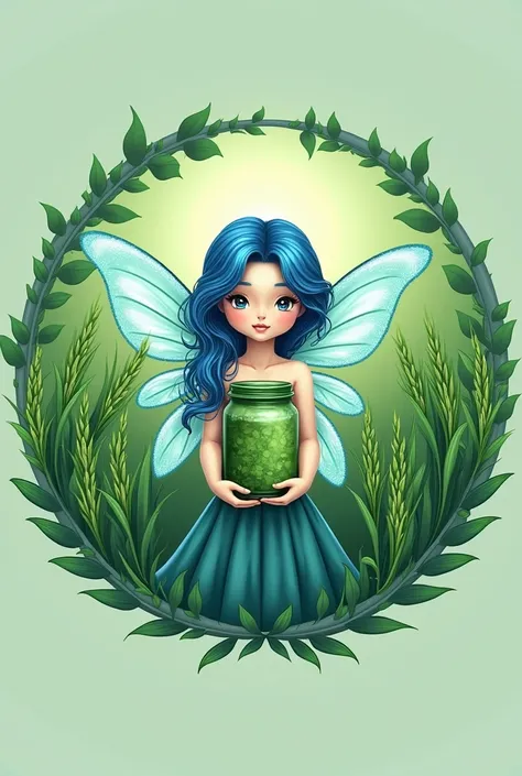  Create a logo photo of a blue fairy holding a jar of green wine and green rice, around the girl is a green rice field .
 There is a circle around the figure with the inscription on it  : "Northwest Specialty Nut Wine - Cu Tien Xanh Nut"