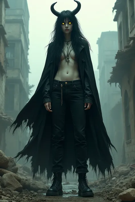  Adult Woman , three meters tall ,  demons yellow eyes terrifies,  in a black old cloak  , black jeans ,  long black hair,sweater, boots,white skin, realistic,  shaggy , stands against the ruins of the city ,demon horns, In detail,вызывает ужас