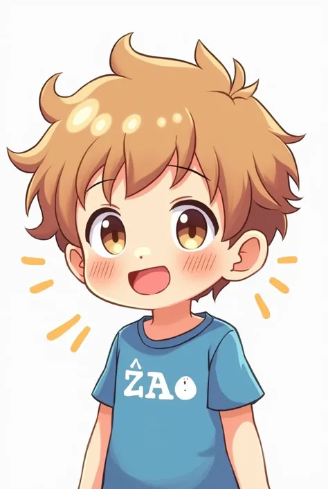  Masterpiece,  anime style, Chibi,  illustrated logo ,  medium-short shot, emote for twitch, From a boy, with light brown hair, blue t-shirt with white details, 