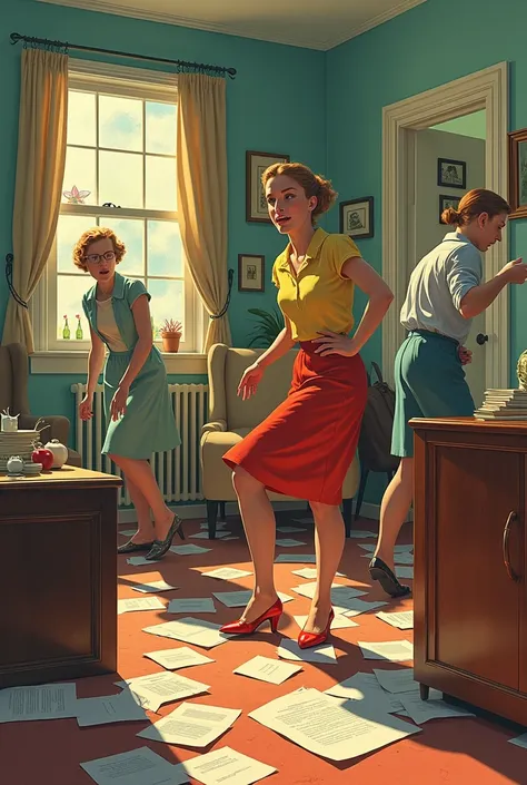   It represents a scene with people looking for something that has disappeared , The setting is inside a 1950s house.  illustration style . The scene must be a bit chaotic, scene represented by the side 
