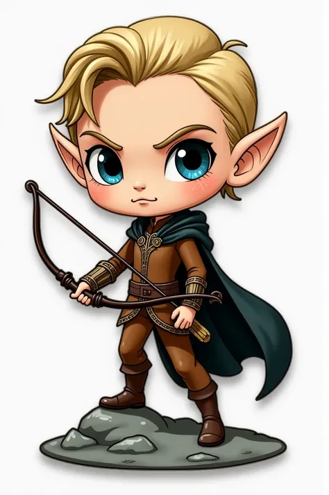 Legolas ,  with one foot on a small rock ,  the head slightly larger than the body ,  enamel pin holding a bow and pointing  ,  with a medieval brown suit and a black cape,  blue eyes and elf ears 