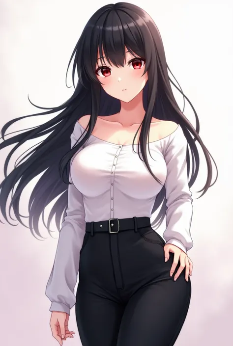 Anime girl  black hair red eyes white shirt black pants BIG TITS