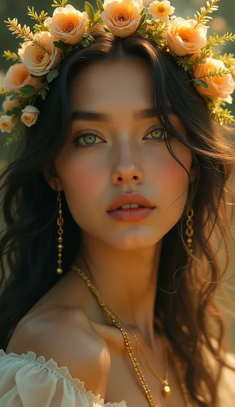 Close-up of a beautiful mystical woman representing Taurus, with earthy tones, glowing green eyes, and a soft floral crown, surrounded by golden light and zodiac symbols.
