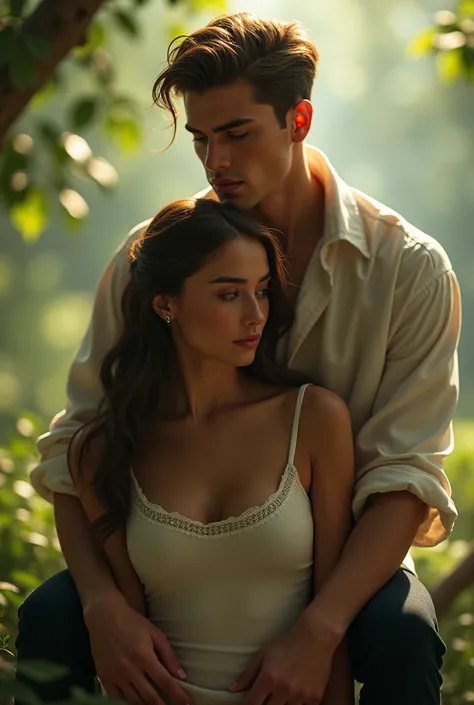 a handsome young man sat on the girls shoulder