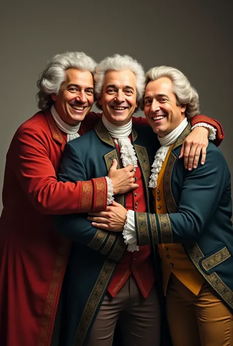  Johann Sebastian Bach , George Friedrich Handel and Antonio Vivaldi smiling and hugging each other posing for a photo