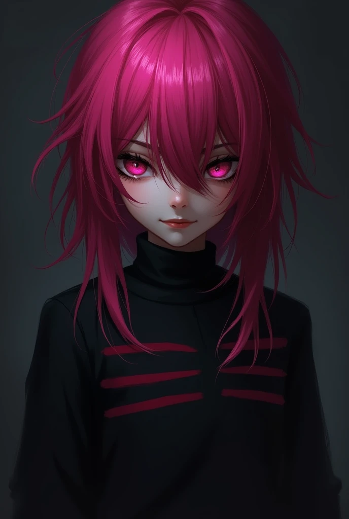  boy with long Vivid Raspberry hair, Dressed in a black sweater with Vivid Raspberry stripes ((Darky_Nsfw Art-Style)