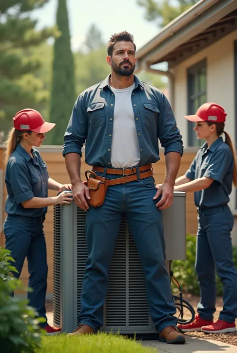 A HANDSOM MAN DOING HVAC SERVICE WITH GIRLS  TEAM
