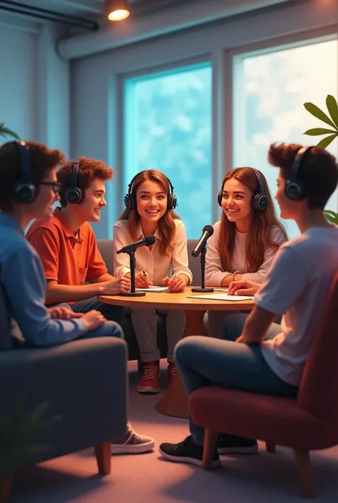 (animation:1,2), a group of youths seating together on a sofa, in a studio, on headsets, like they are having a talk show, microphones in front, having conversations, gisting together