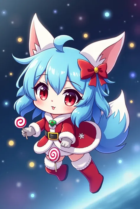 Blue sleigh hair in a Christmas costume in space cute anime deer dog with lollipops and a bow on her hair 9 tails blue hair red eyes stockings With Blue hair 