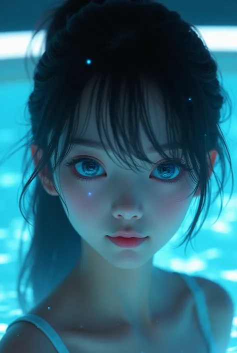 masterpiece, 1 beautiful girl in a under wather, detailed blue eye Puffy eyes,  neon ligths, top-quality, high resolution, (Realisticity 1.4), cinematlic lighting, Japanes, Asian Beauty, Super beauty, Beautiful skin, A slender, body facing forward, (A hype...