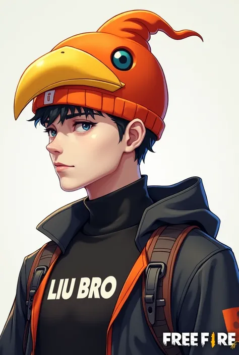 Free Fire male character profile picture style orange hat with beak back white skin and black turtleneck jacket written the name @liu.Bro_FF