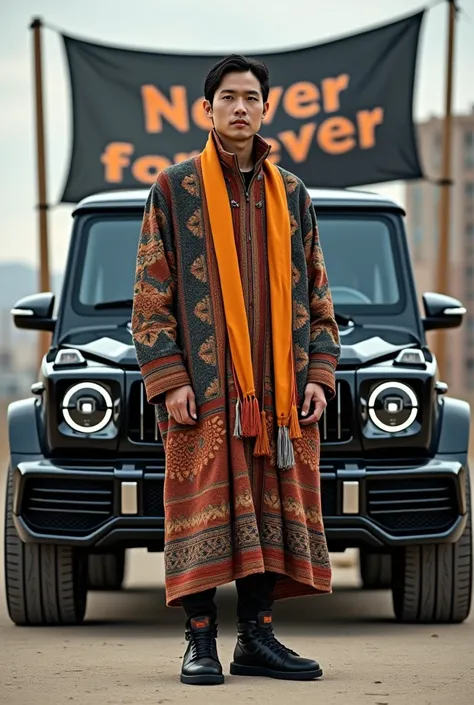  Make me a picture of a Kazakh man standing in a Kazakhstan sports dress and Rick Owens geo basket on his feet , and in the back, with a Mercedes G63 in the background and a banner with the words  : never for ever