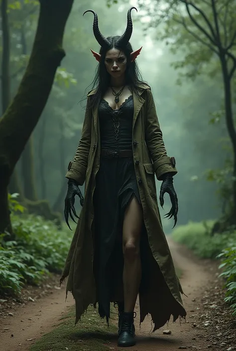  an adult demon woman, in an old coat , stands on a forest road ,the smile of an animal ,claws