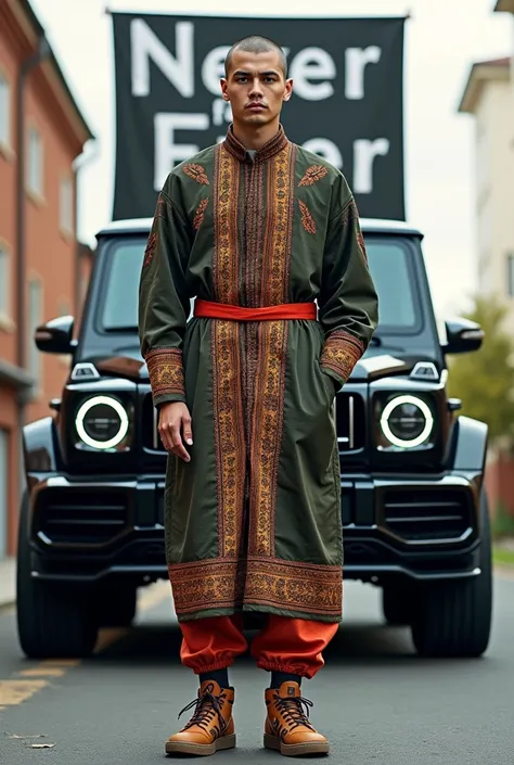  Make me a picture of a Kazakh man standing in a Kazakhstan sports dress and Rick Owens geo basket on his feet , and in the back, with a Mercedes G63 in the background and a banner with the words  : never for ever