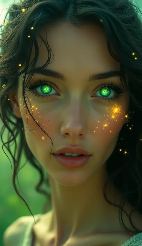 Portrait of a Taurus woman with radiant emerald-green mystical eyes, golden Taurus constellation lights glowing softly on her cheeks, and a magical meadow behind her.
