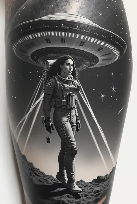 Create an extremely realistic forearm tattoo in black and gray.  Create a parabolic radio telescope antenna .  Create strong lines with lines and outlines .  Create a female astronaut in science fiction style with technological equipment.  Create lines of ...