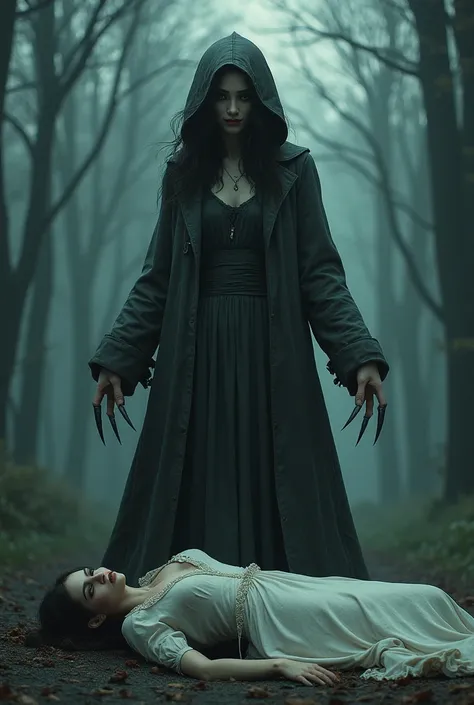  an adult demon woman, in an old coat , stands on a forest road ,the smile of an animal ,claws, a murdered bride lies nearby