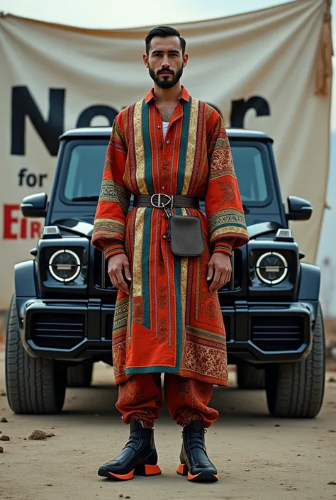  Make me a picture of a Kazakh man standing in a Kazakhstan sports dress and Rick Owens geo basket on his feet , and in the back, with a Mercedes G63 in the background and a banner with the words  : never for ever