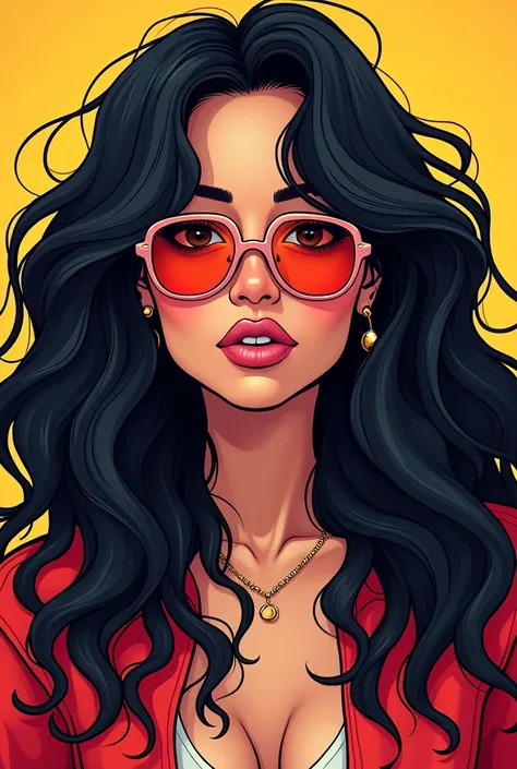 Art Cartoon style of a woman with glasses and dressed as Indie rock star, wavy long black hair and glasses, !!wearing modern glasses!!, with long curly brown hair, by Nándor Katona, her face framed with curls, inspired by Maria Helena Vieira da Silva, insp...