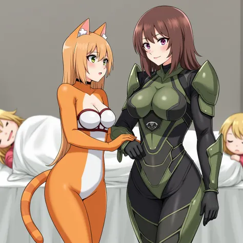 Orange tabby cat girl in lingerie standing next to a brunette human girl wearing a futuristic battlesuit with no helmet. A blonde human girl is laying in a bed in the background covered to her waist by a sheet. 