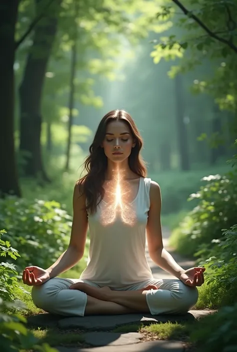 a picture describing observing the breath through meditation by a women meditating, the breath is white light through coming out of her nose and lungs and greenery is surrounded by her 