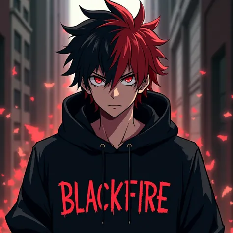 Anime guy with red and black hair with a hoodie that says “blackfire” ingrained on it