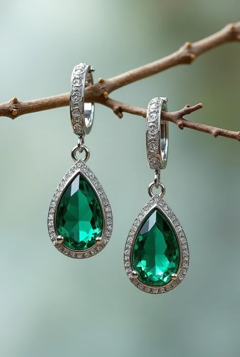 Create an image for a fantasy style earings:
- The color is platinum
- Have a emerald-liked gemstone 
- For men
- Huggie shape, one of them has teardrop 
- Have a earrings latch